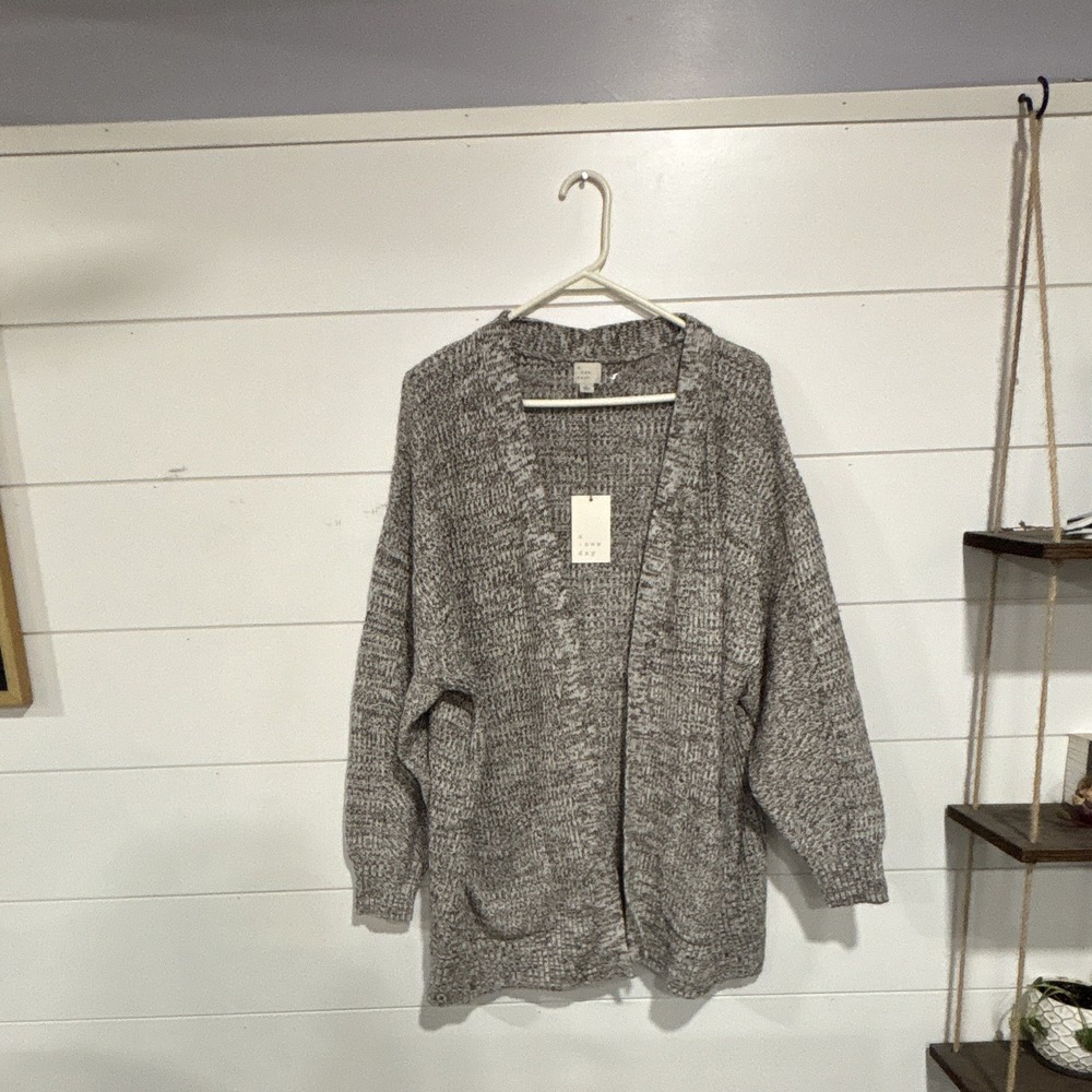 A New Day Women's L Brown Solid Cable-Knit Open Front Pockets Cardigan Sweater